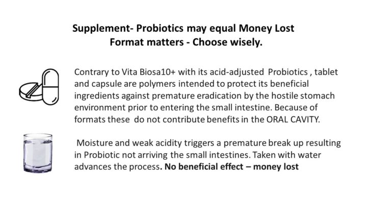 Contrary to Vita Biosa10+ with its acid-adjusted Probiotics , tablet and capsule are polymers intended to protect its beneficial ingredients against premature eradication by the hostile stomach environment prior to entering the small intestine. Because of formats these do not contribute benefits in the ORAL CAVITY. Moisture and weak acidity triggers a premature break up resulting in Probiotic not arriving the small intestines. Taken with water advances the process. No beneficial effect – money lost