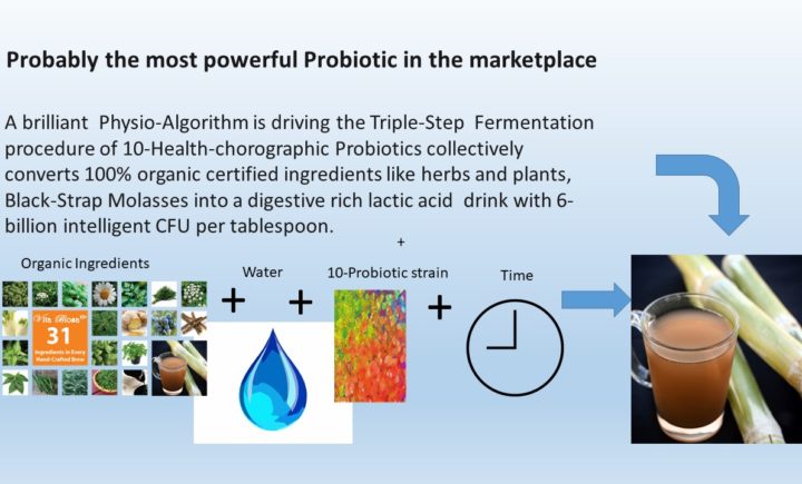 Probably the most powerful probiotic on the market. A brilliant Physio-Algorithm is driving the Triple-Step Fermentation procedure of 10-Health-chorographic Probiotics collectively converts 100% organic certified ingredients like herbs and plants, Black-Strap Molasses into a digestive rich lactic acid drink with 6-billion intelligent CFU per tablespoon.